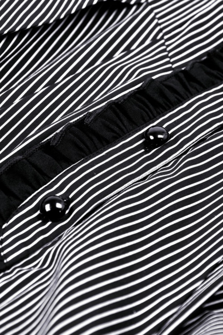 Lapel Collar Long Puff Sleeves Striped Preppy Gothic Dress