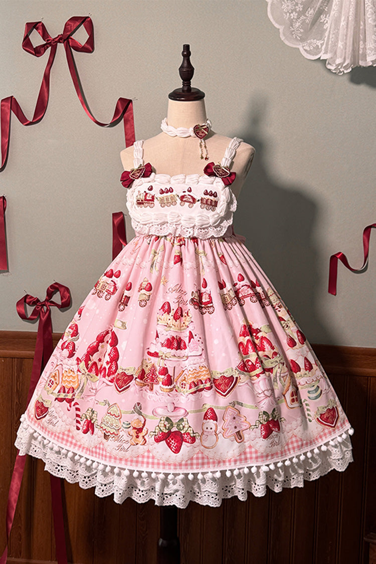 Mint Strawberry Dessert Printed High-Waisted Sweet Lolita JSK Dress - Ruffled