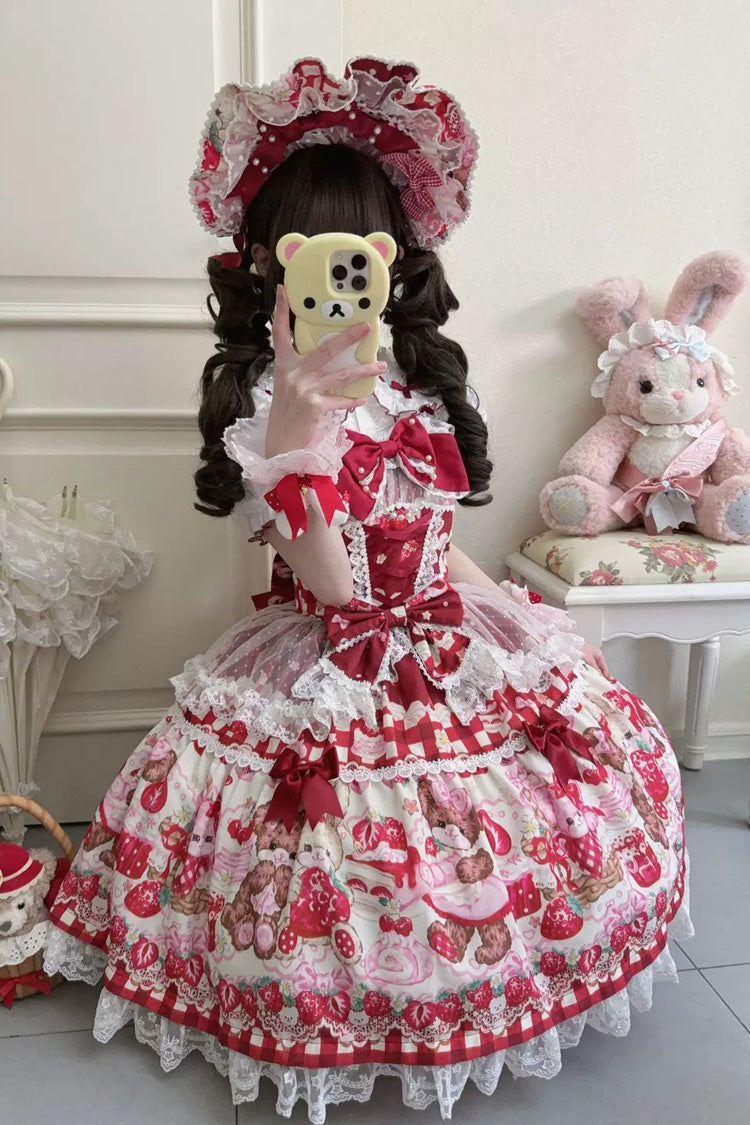 Red Sweet Lolita JSK Dress Printed Bow Lace Lace-Up - Sweet Berry Bunny Bear