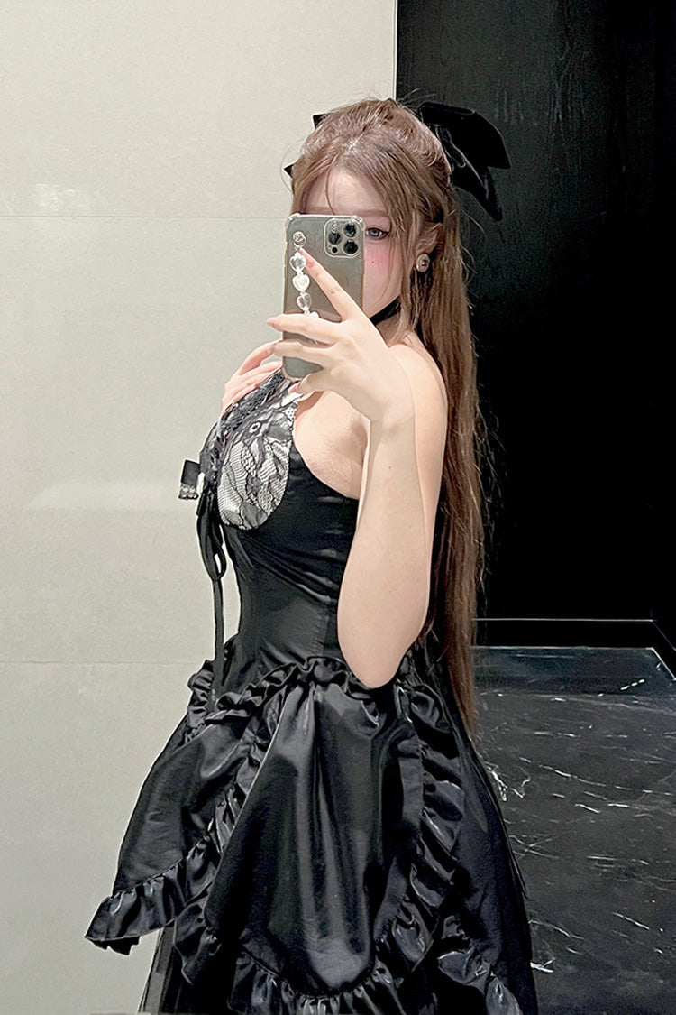 Black Asymmetric Lace Skirt Set - Ruffle Bow Gothic