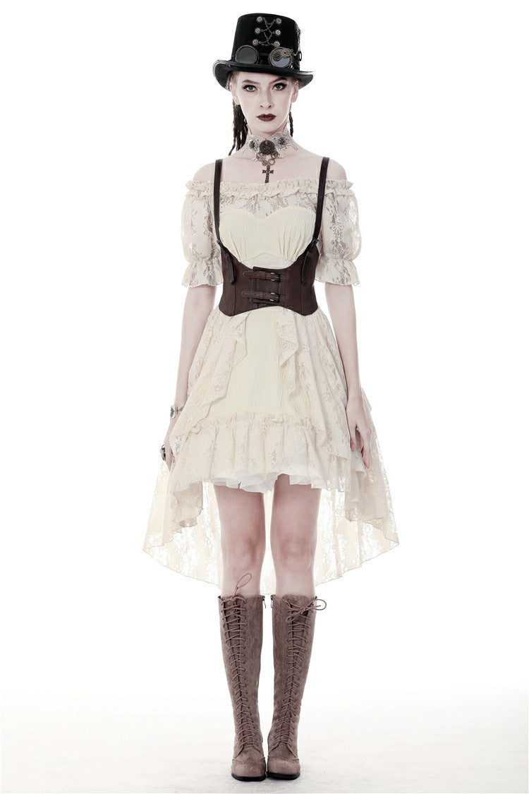 Beige Ruched Off-Shoulder Short Sleeve Steampunk Vintage Gown
