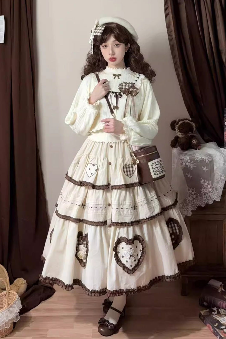 Cream Lovely Heart Triple-Layer Embroidery Bow Frilled Elegant Sweet Lolita Skirt