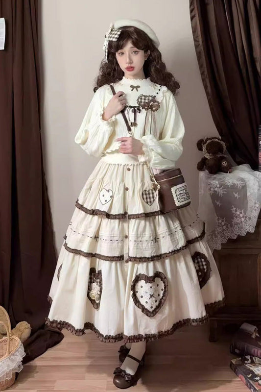 Cream Lovely Heart Triple-Layer Embroidery Bow Frilled Elegant Sweet Lolita Skirt