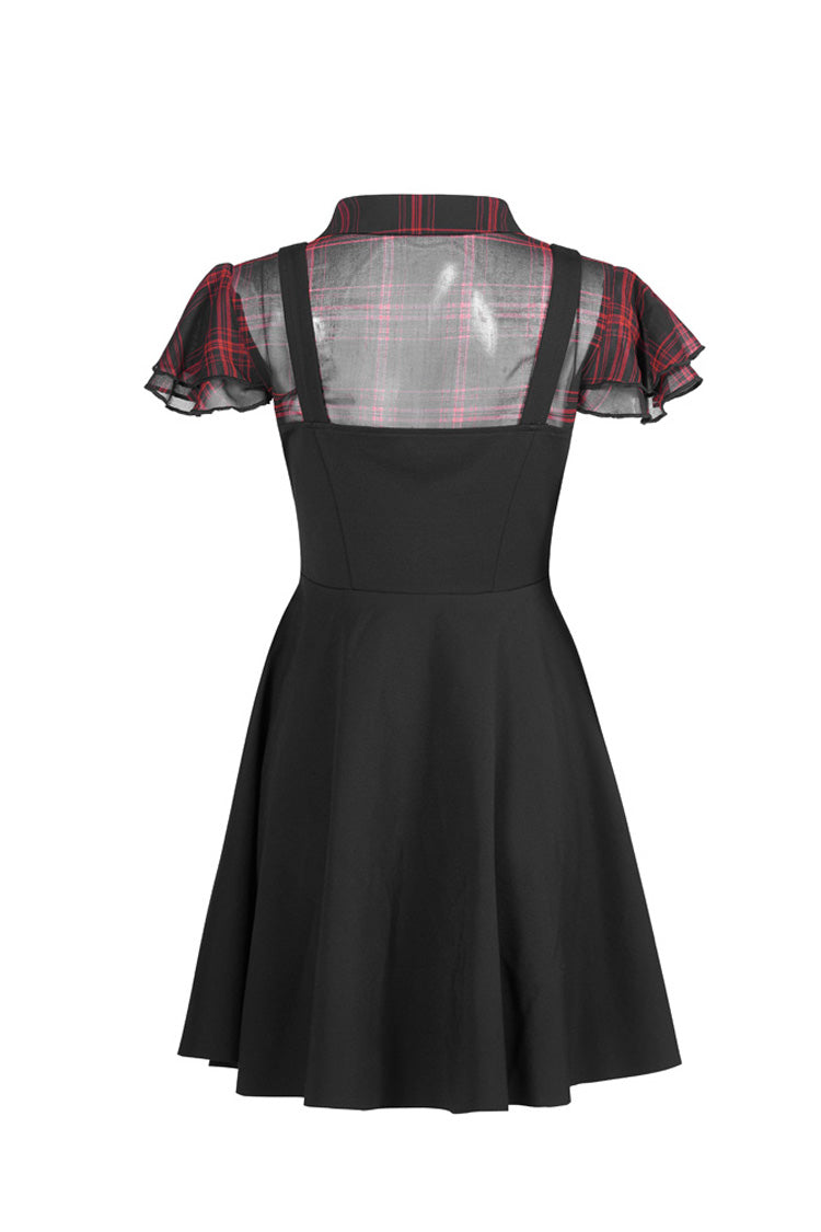 V-Neck Ruffled Short-Sleeved Check Chiffon Waisted Skull Stud Punk Dress - Black/Red