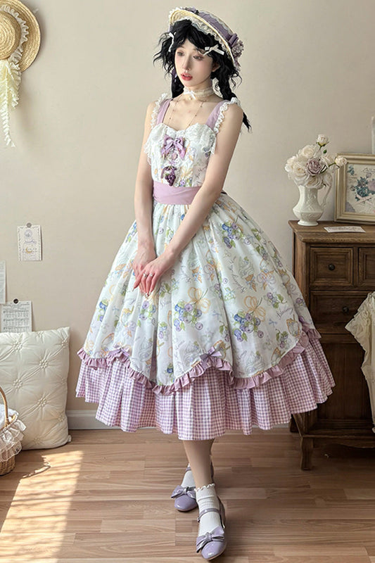 Blueberry Early Summer Sleeveless Print Ruffle Bow Sweet Lolita Jsk Dress