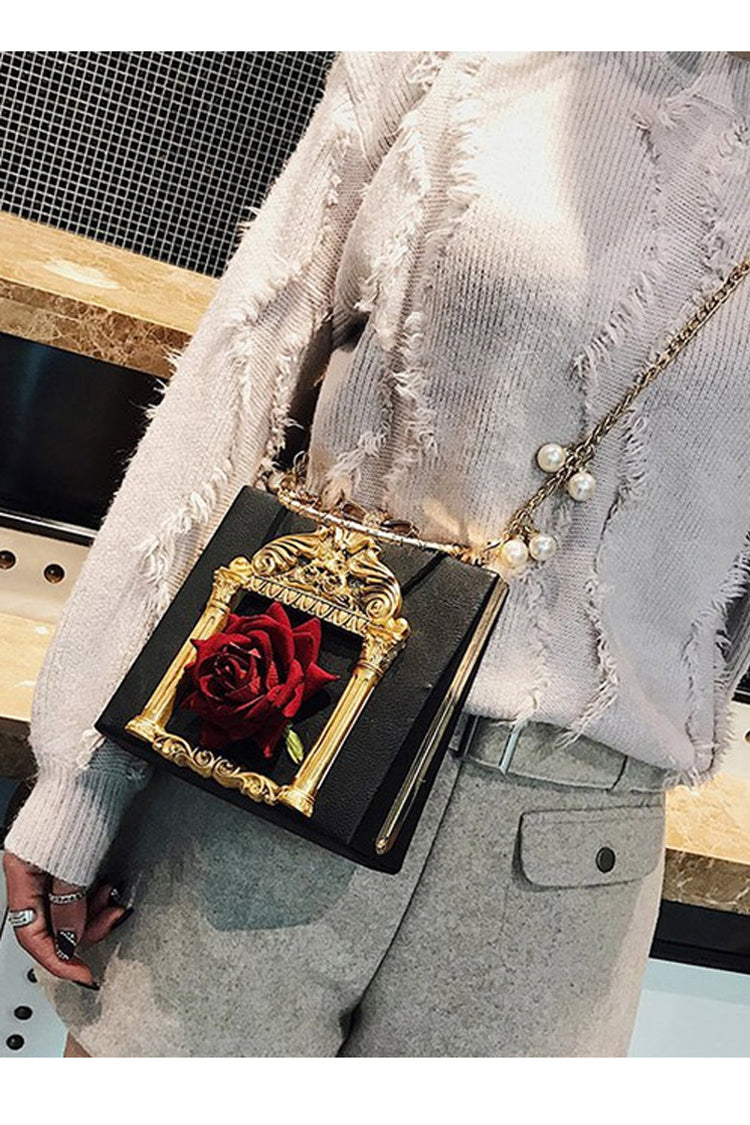 Vintage Gothic Shoulder Bag with Pearl Chain and Rose Motif