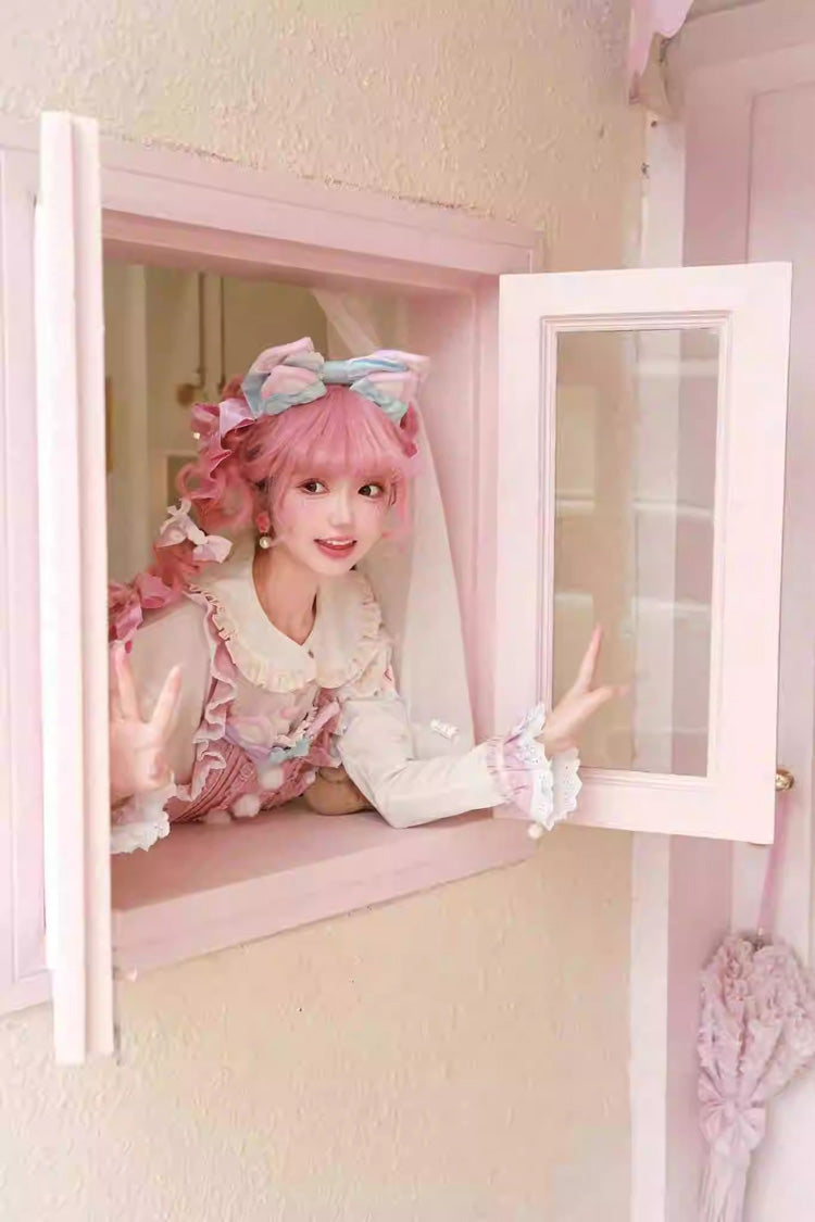 Pale Pink & White Little Fox Multi-Layer Ruffled Bow Long-Sleeve Sweet Lolita Dress