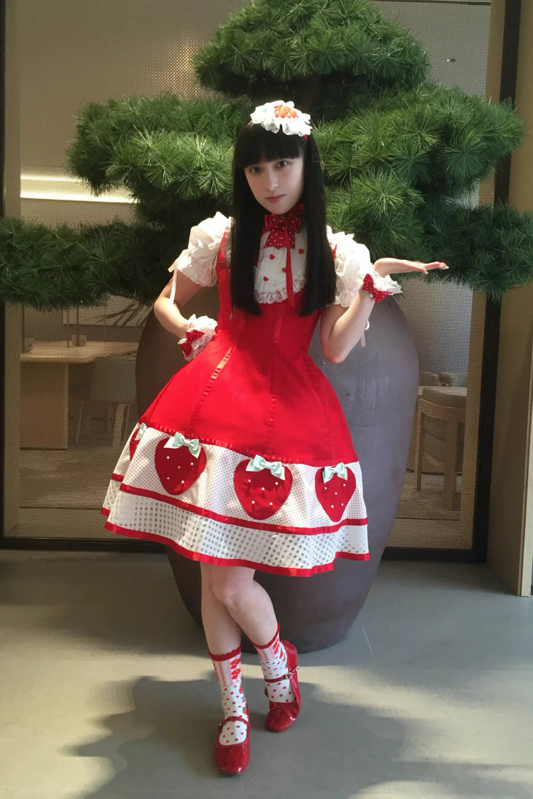 Sweet Lolita Dress with Stand Collar and Bow - Miss Peculiar Strawberry, 2 Shades