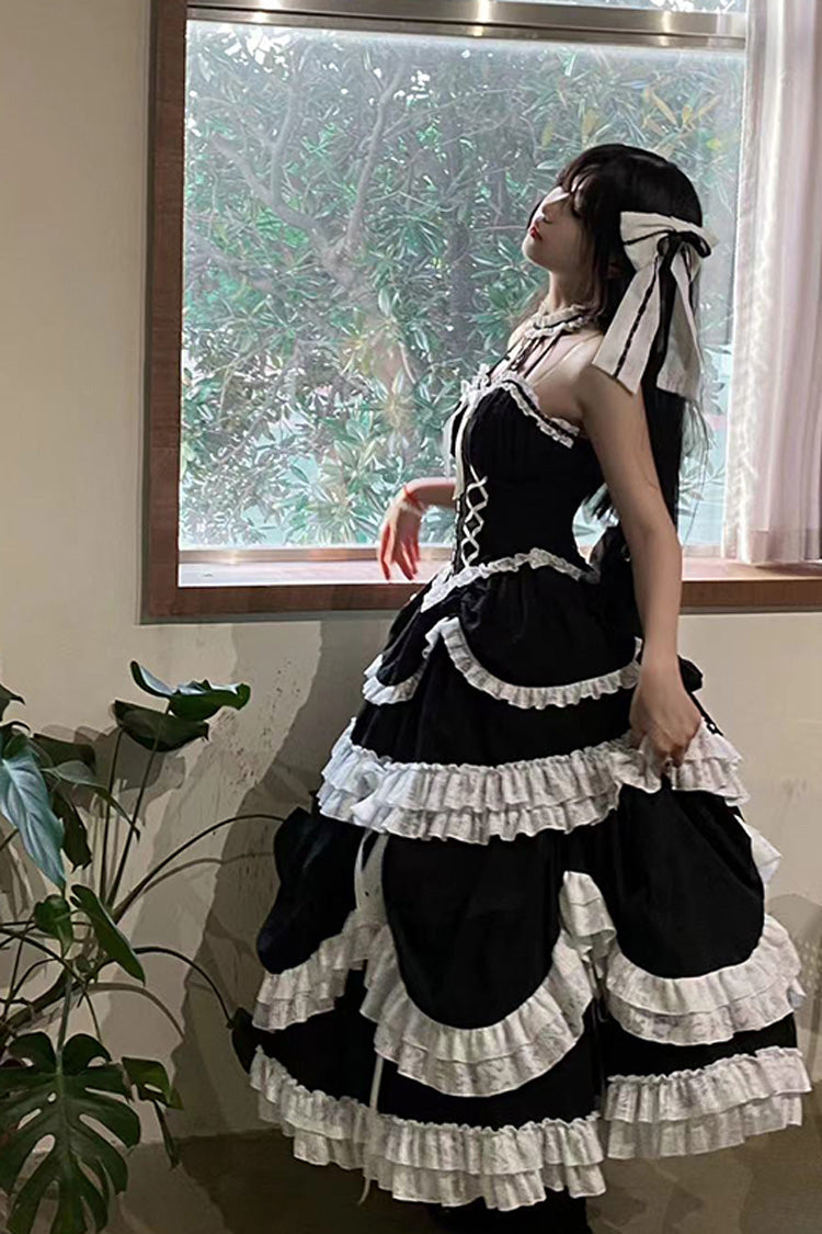 Black Cross Halterneck Lace-Up Gothic Lolita Dress - Princess Ruffled Bowknot