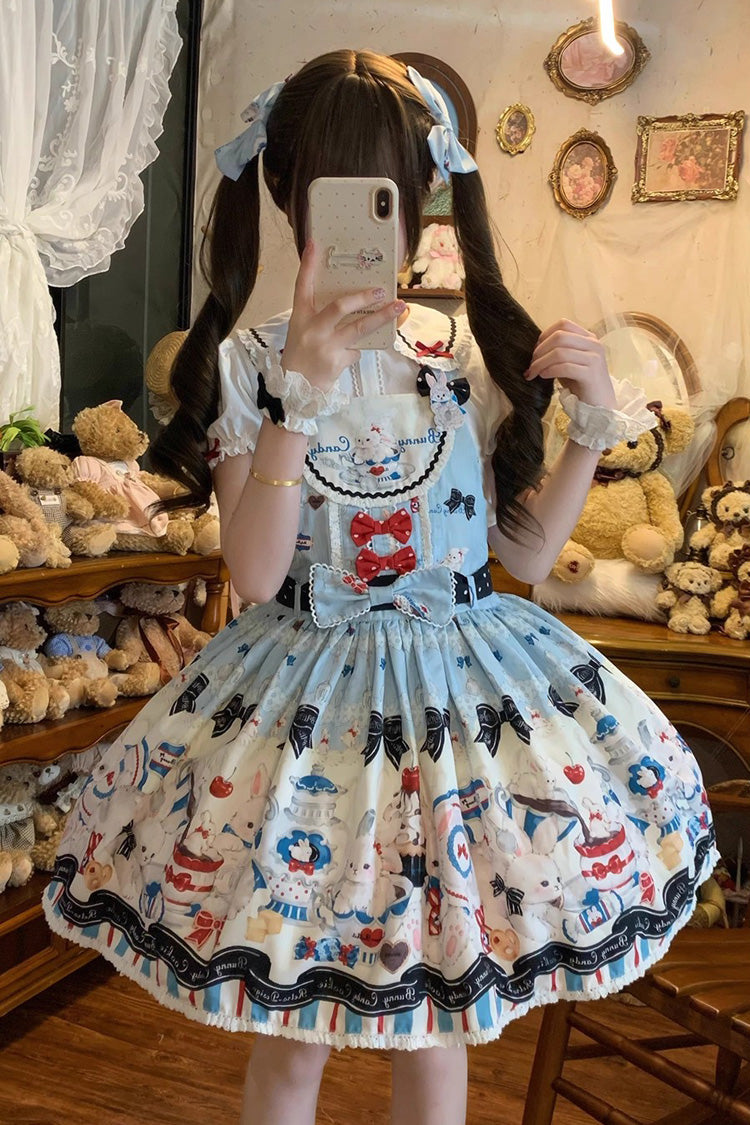 Sleeveless Print Bowknot Lace Sweet Lolita Strap Dress Blue