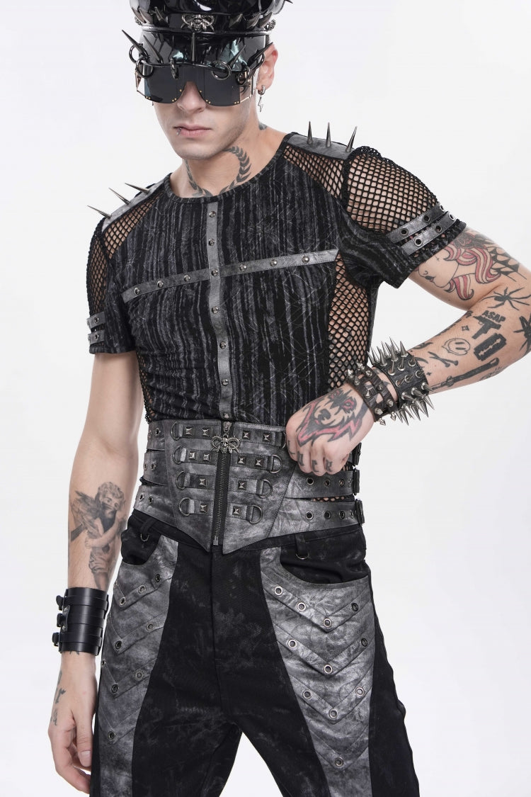 Studded Zippered Eyelet Punk Belt, Black Layered