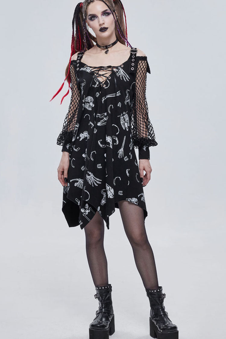 Knit Bone Print Sling Grommet Strap Long Sleeve Gothic Dress