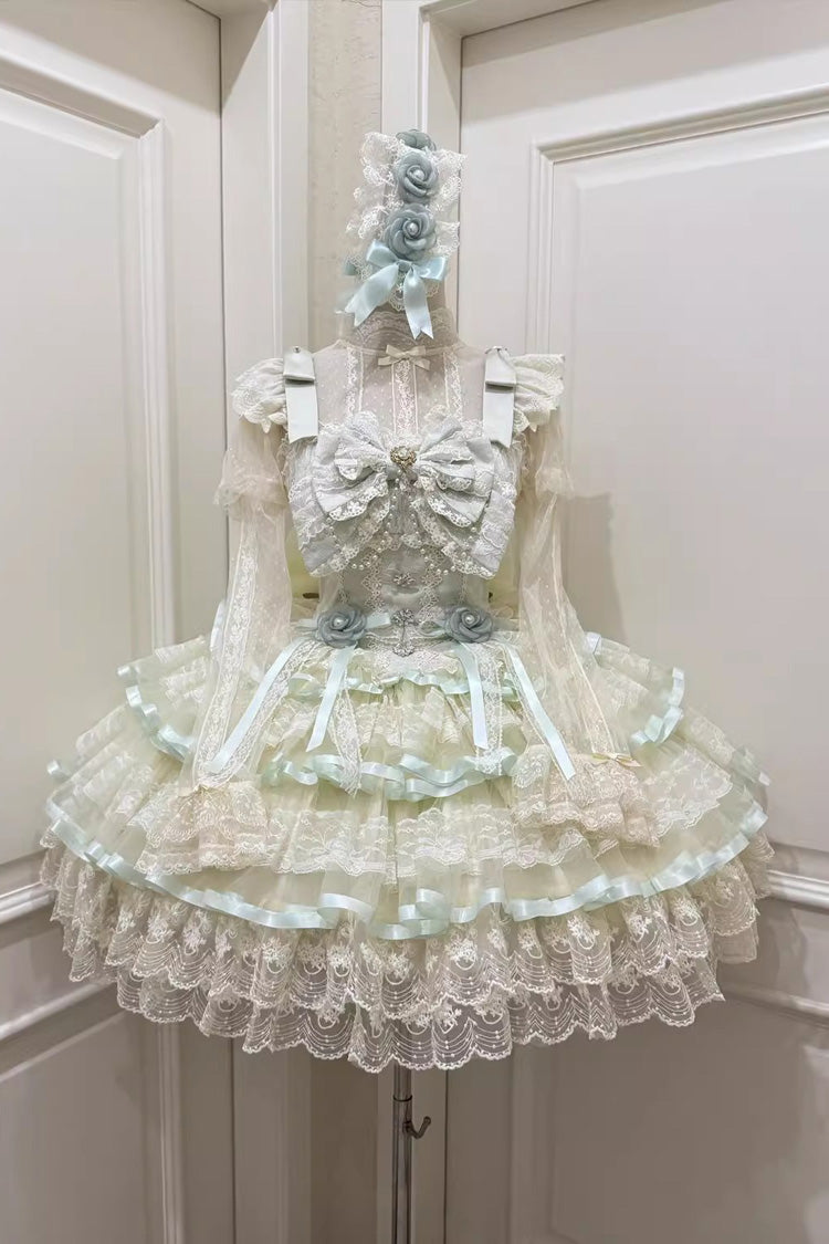Emerald Rose Feather Waltz Sleeveless Triple-Layer Ruffle Bow Lace Ballet Lolita JSK