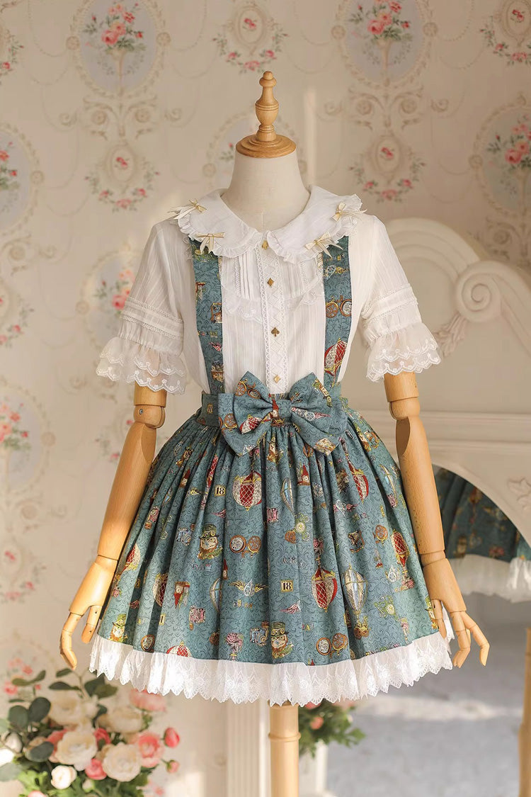Lolita JSK Dress with Bow and Lace Print - Mechanical Balloon, 2 Tones