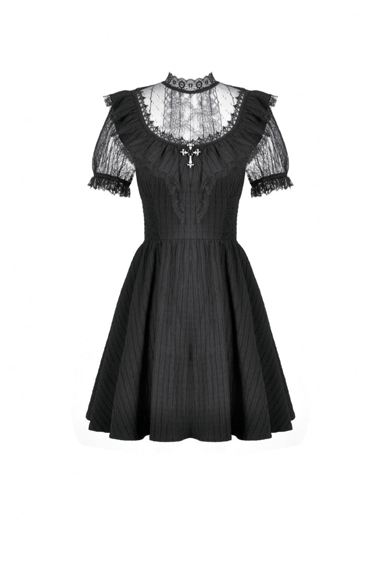 Cross Ruffled Short Sleeve Gothic Graduation Dress for Women Lace