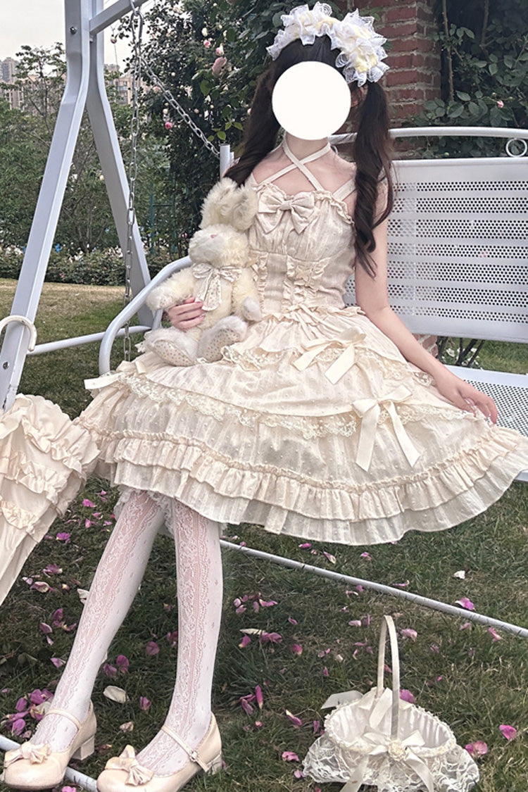 Apricot Sweet Lolita JSK Dress with Double-Layer Bowknot Lace-Up and Sleeveless Design
