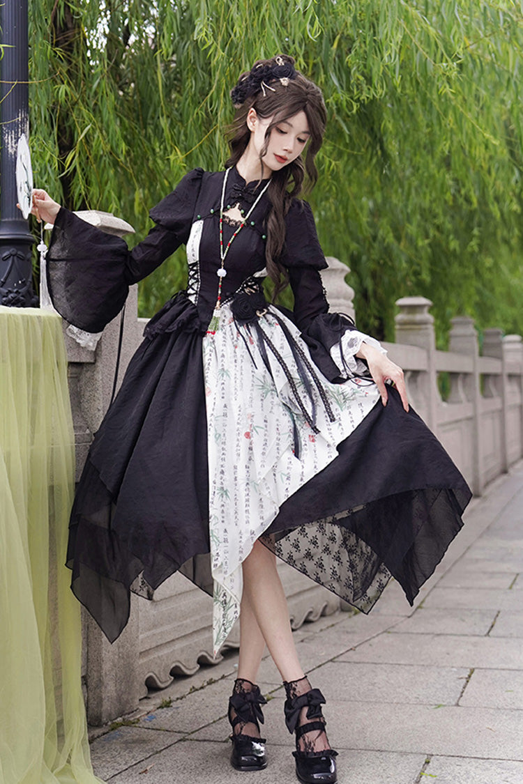 Black Asymmetric Color-Block Mini Skirt with Moon Print