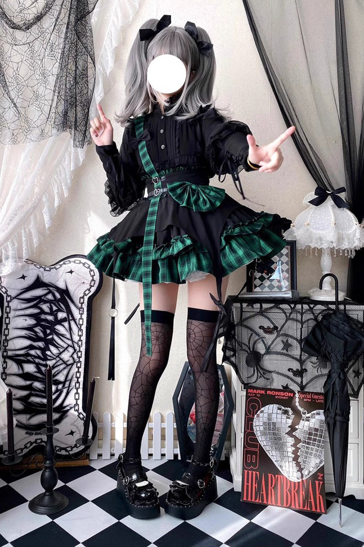 Plaid Print Lolita Skirt with Bowknot, Ruffles, Dark Girl Style