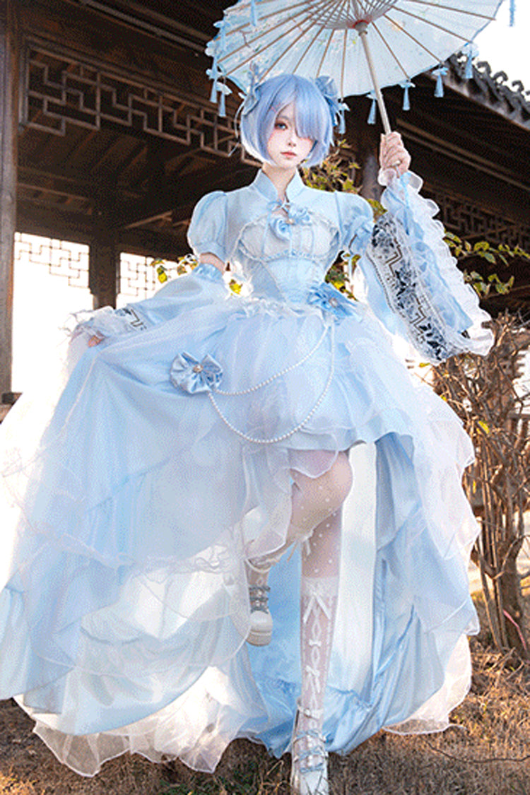 Cerulean and Ivory Porcelain Printed Ruffled Bow Lace High-Low Sweet Plus Size Lolita JSK Long Version