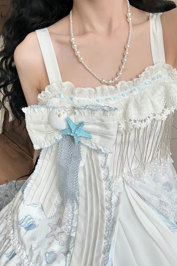 Elegant Princess Bowknot Cardigan Lace Light Blue Shell Print Jsk Dress