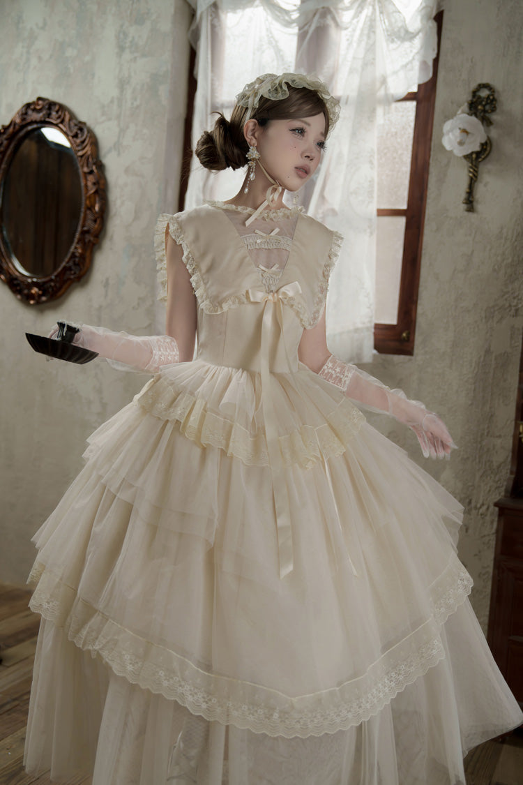Ivory Elegant Dress with Triple Ruffles and Bow Embellishments - Dream by the Pillow