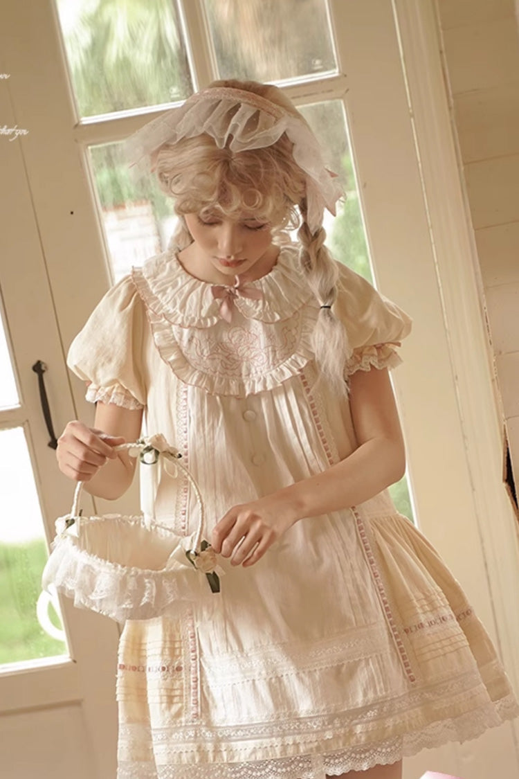 Angel Print Lace Dress with Doll Collar and Bowknot