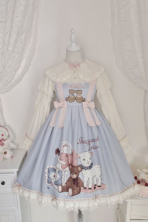 Royal Blue Sheep and Bear Print Sweet Lolita Jumper Dress with Bow