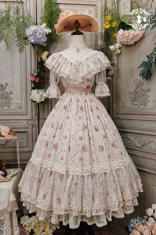 Embroidered Rose Print Lolita Dress with Ruffles, Sweet Vintage