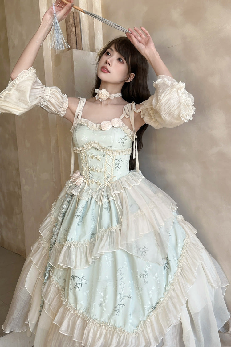 Green Tea Bamboo Song Sleeveless Jacquard Ruffle Bow Lace Chinese Ballet Jsk Dress