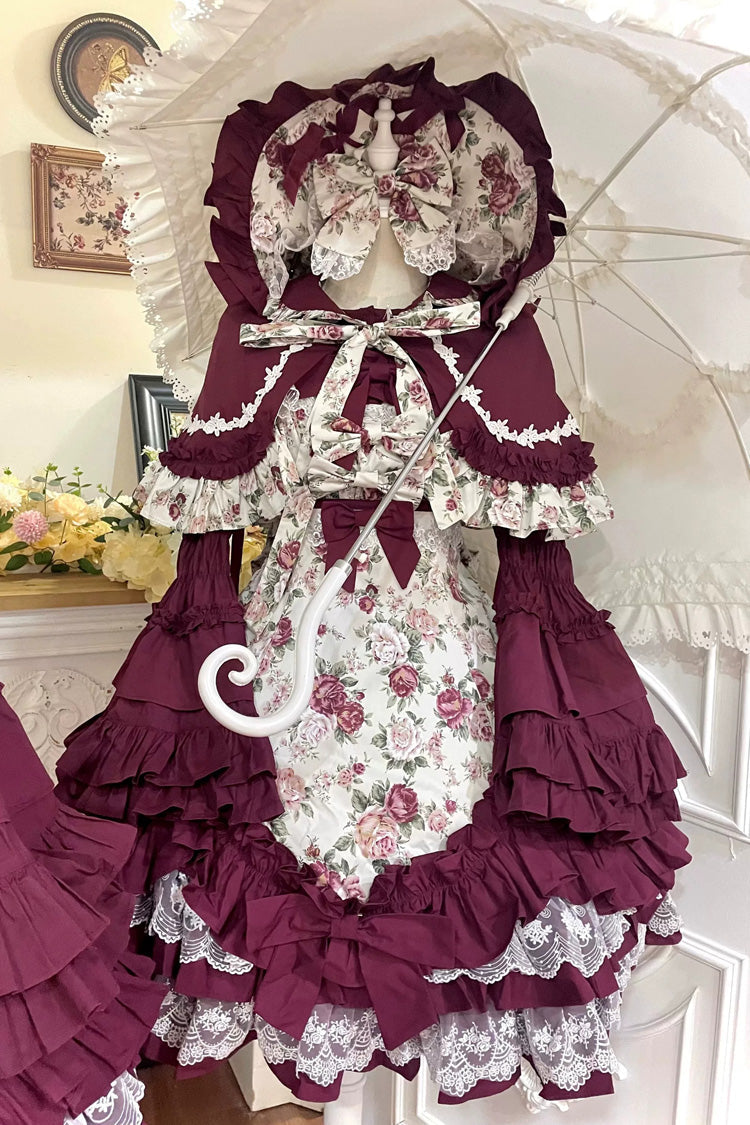 Burgundy Off-Shoulder JSK Dress with Ruffled Lace