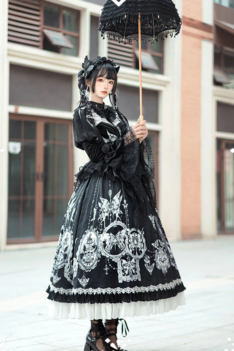 Black Feast of Bones Printed Ruffled Bow Lace Gothic Elegant Long Dress