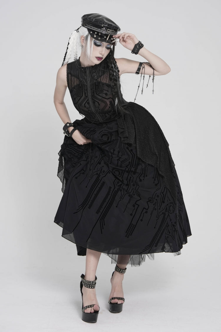 Stand Collar Sleeveless Multi-Layered Printed Sheer Punk Elegant Gorgeous Dress