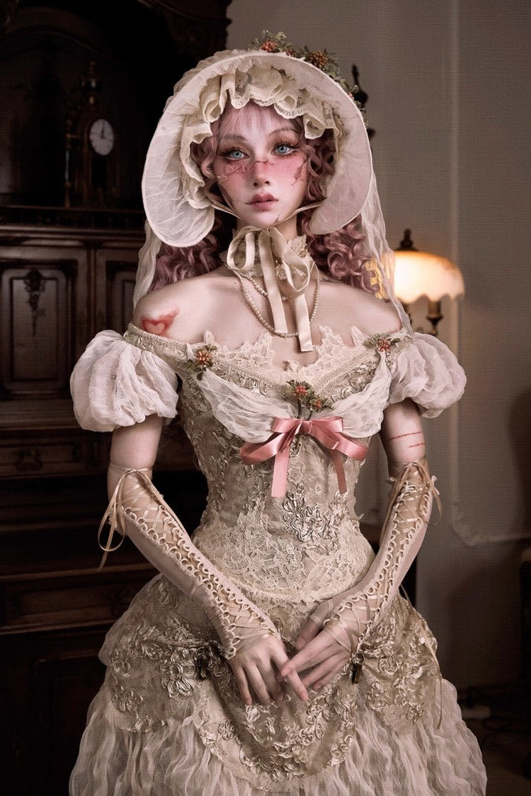 Light Brown Cupid’s Poetry Box Boat Neck Short Puff Sleeves Ruffled Cut-Out Embroidered Bow Lace Gothic Elegant Lolita Skirt Dress and Top Set