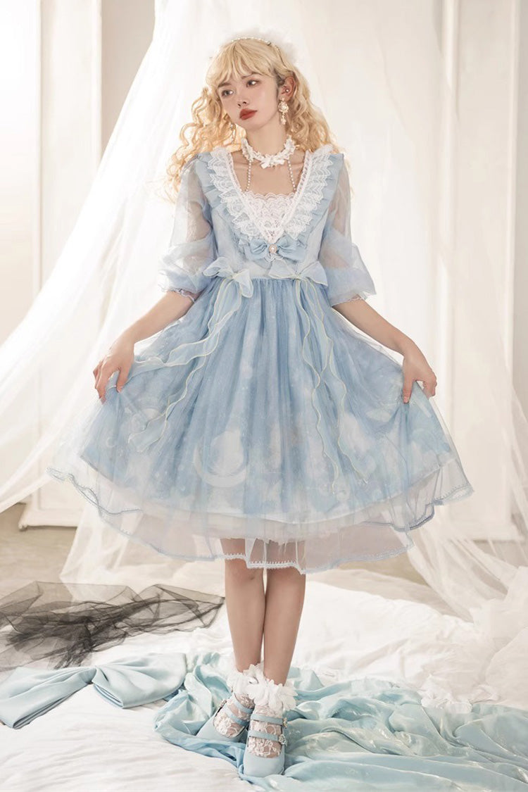 Blue Planet Butterfly Printed Ruffled Sweet Lolita Dress - High-Waisted