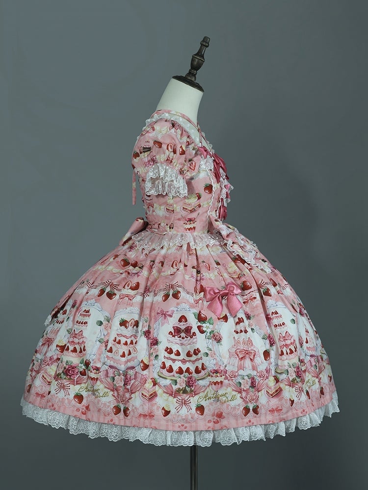 Bow Print Cake Set Sweet Strawberry / Pink Accents Full Lolita Dress