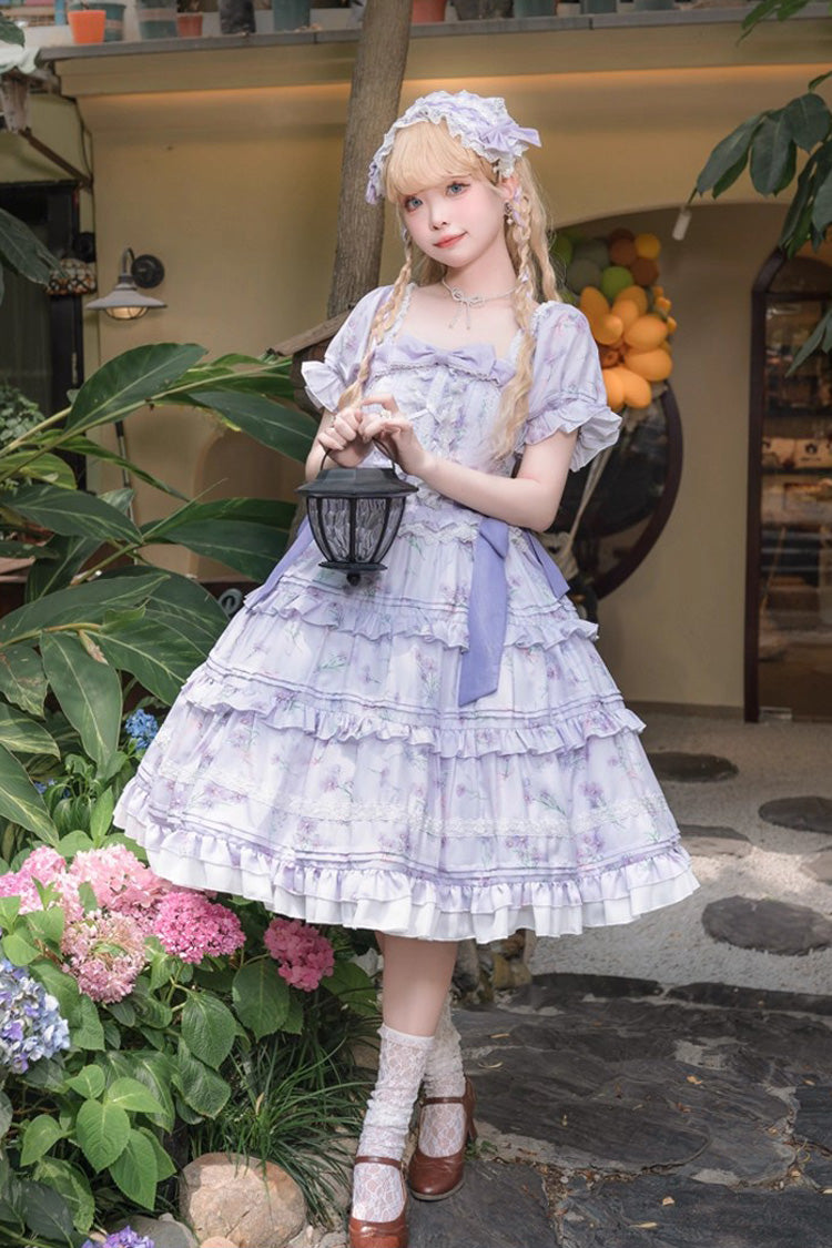 Square Collar Short Sleeve Triple-Layered Print Ruffle Elegant Lolita Dress