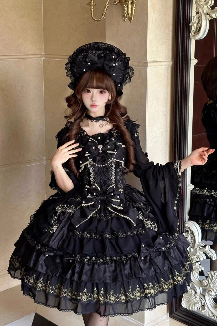 Noir Doll-Style Layered Ruffled Lace Gown - Dream-Sinking Pearl Veil