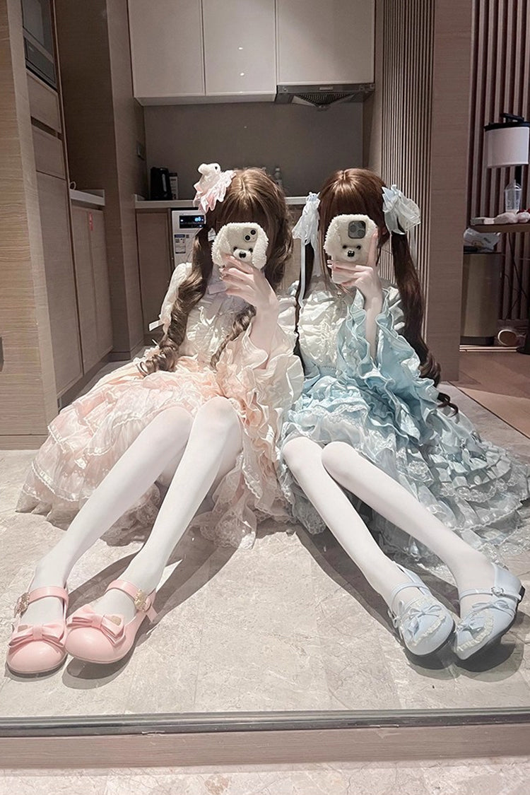 Pink Soloist Doll Long Hime Sleeve Multi-Layer Print Ruffle Bow Asymmetrical Sweet Lolita