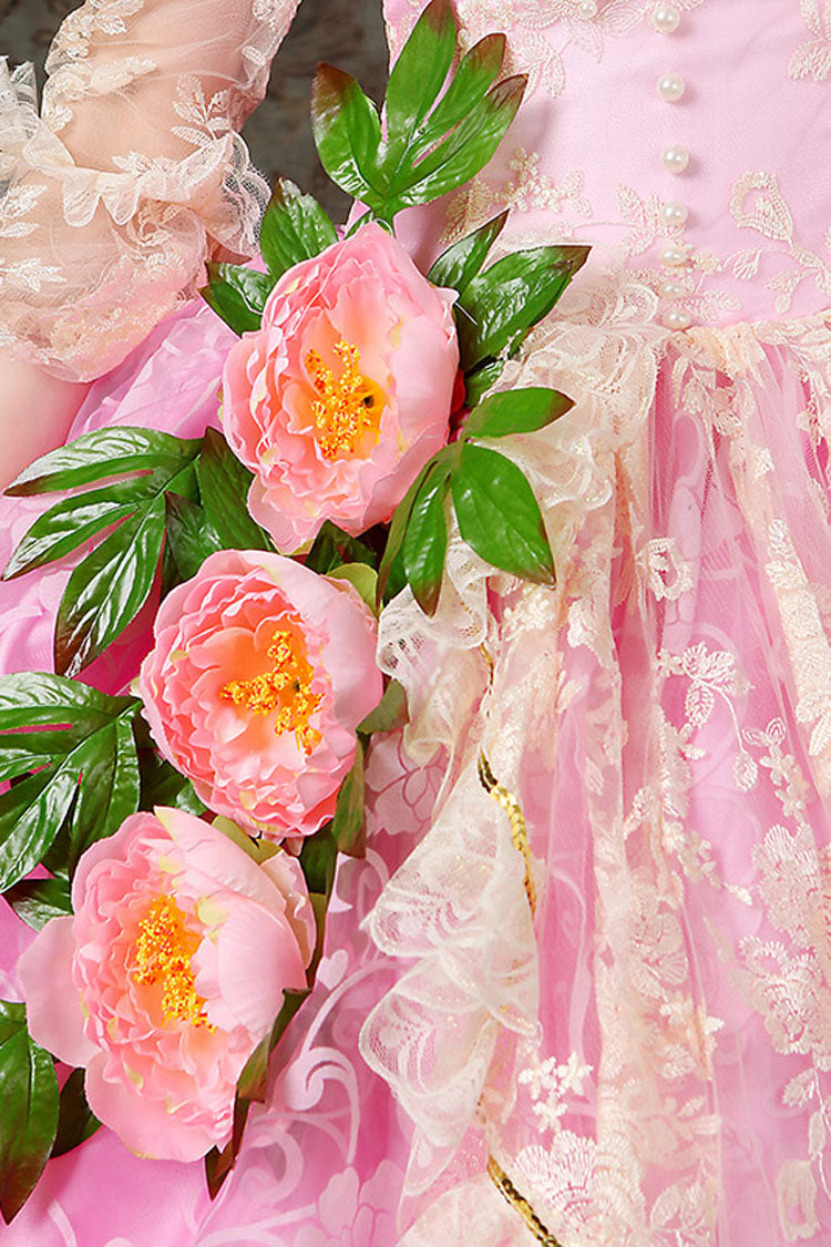 Rose Victorian Floral Lace High-Waist Ruffle Prom Dress