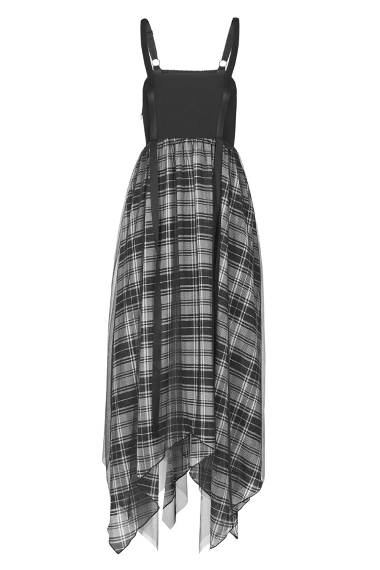 Metal Eyelets Shoulder Strap Irregular Hem Plaid Long Chiffon Punk Slip Dress