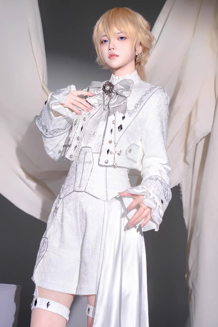 Ivory Asymmetric Prince Coat Shorts Set with Bows - Silver-White Sacred Pact