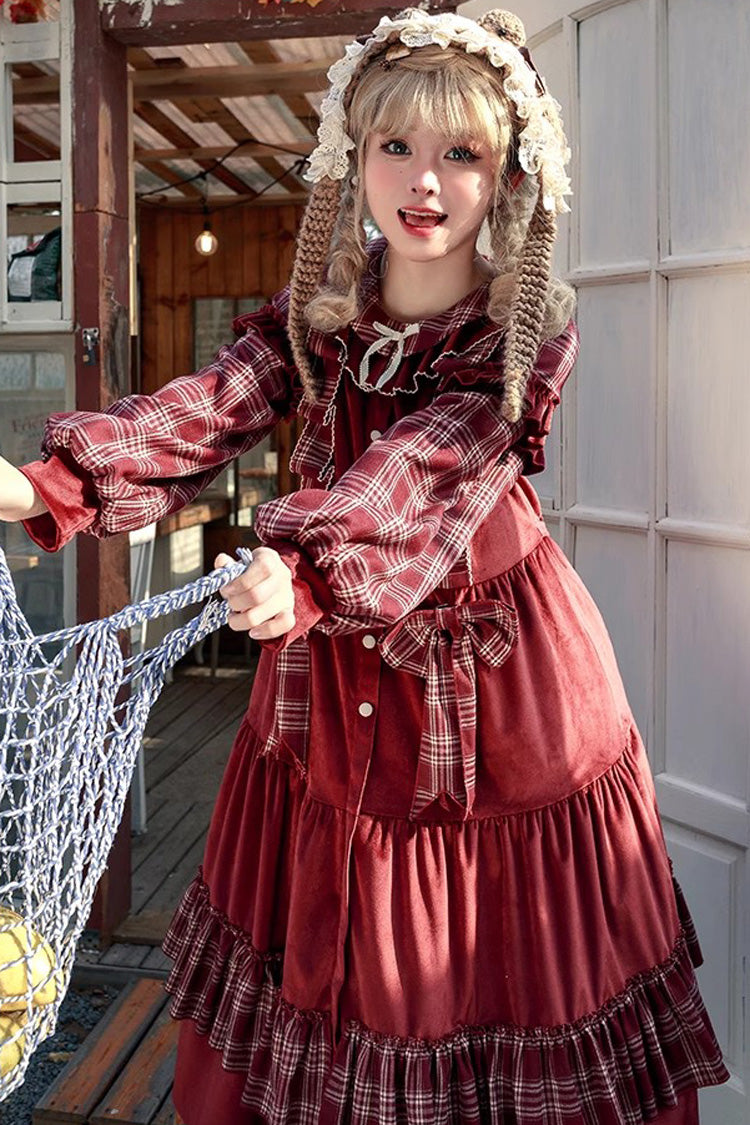 Red Velvet Plaid Printed Bow Christmas Sweet Lolita Dress