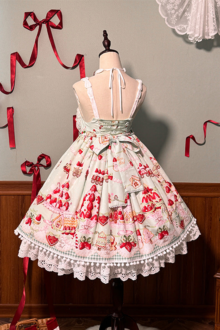 Mint Strawberry Dessert Printed High-Waisted Sweet Lolita JSK Dress - Ruffled