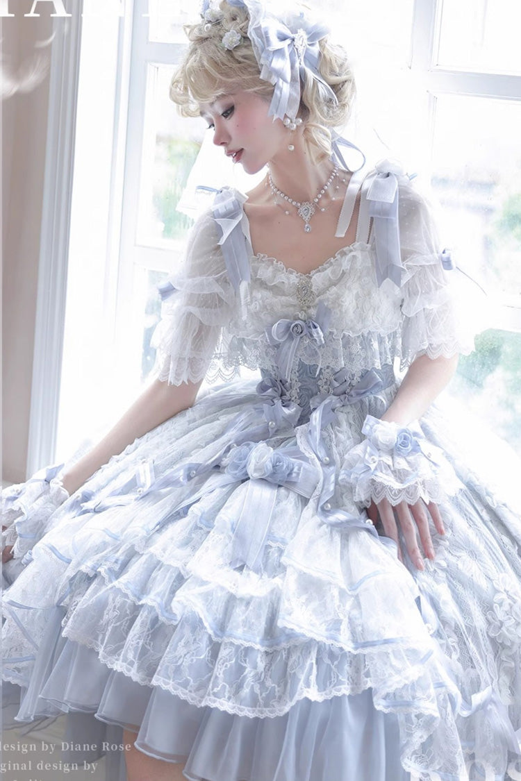 Blue Diane Rose Short Sleeve Jacquard Ruffle Cardigan Bow Lace Sweet Lolita Dress