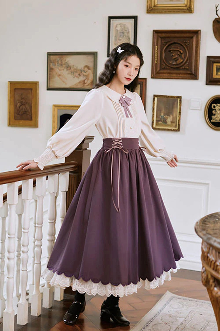 High-Waisted Lace Wave Hem Two-Piece Classic Lolita Dress