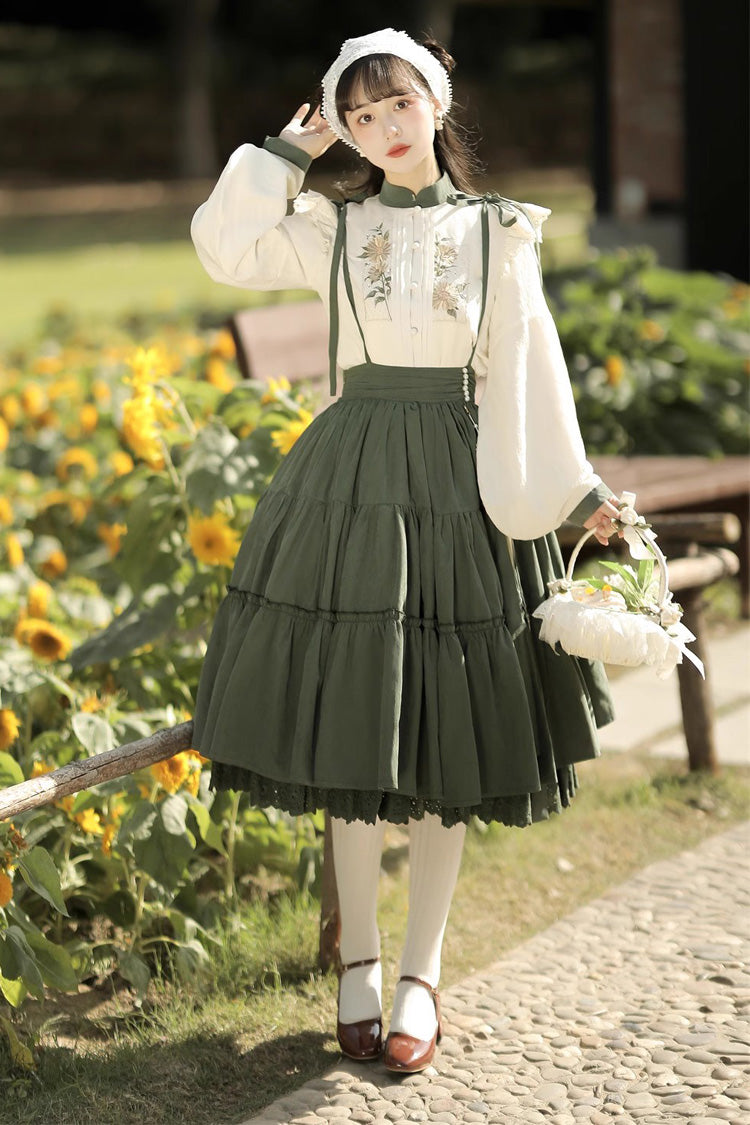 White/Green Country Sunflower Sweet Two-Piece Skirt Set - Sweet Lolita