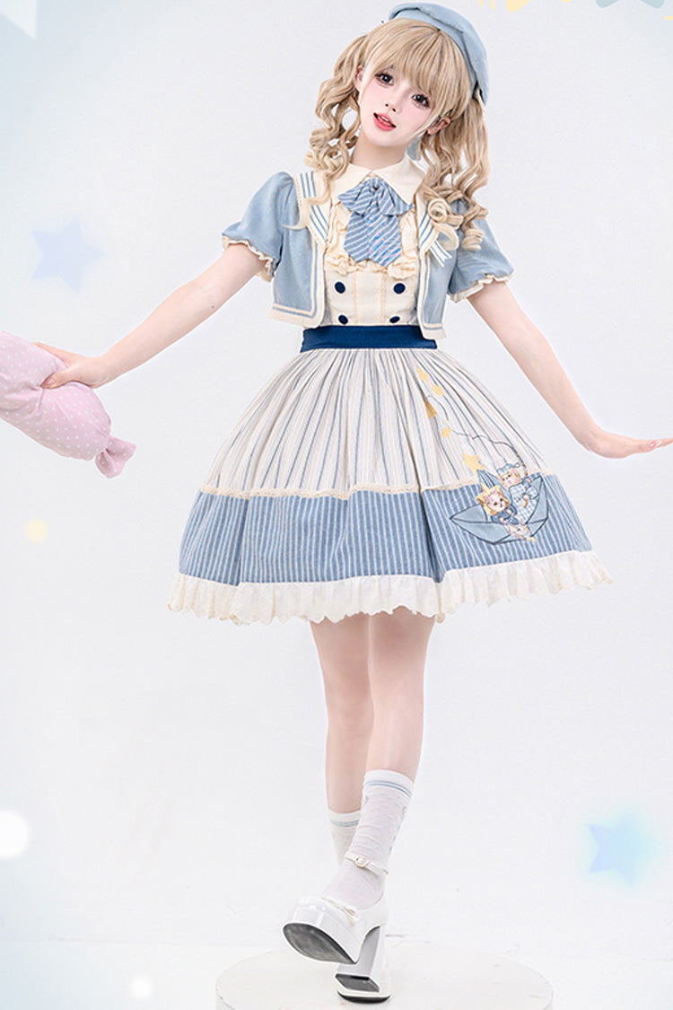 Blue Ivory Star Printed Sleeveless Sweet Lolita Dress - Navy Style