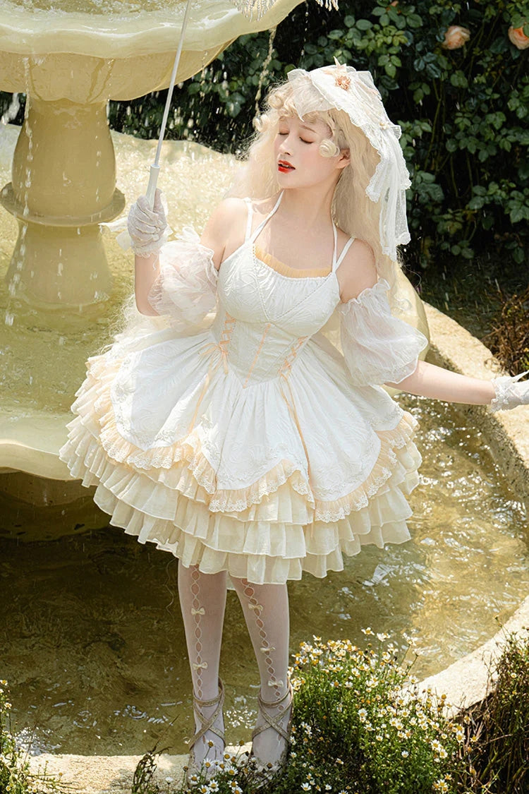White Slim Ballet Multi-Layer Ruffle Sweet Elegant Princess Lolita Jsk Dress