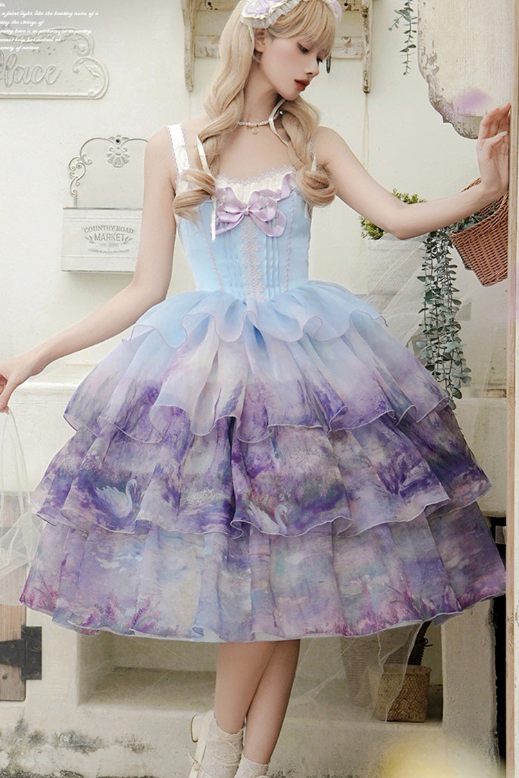 Multi-Color Swan Lake Printed Oil Painting Sweet Lolita JSK Dress - Three-Layer