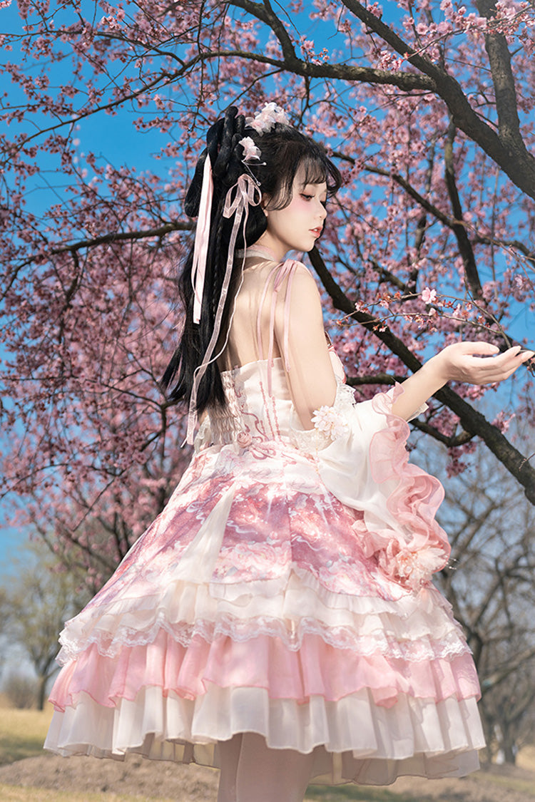 Flower Feast Pink Multi-Layered Print Ruffle Bowknot Sweet JSK Dress